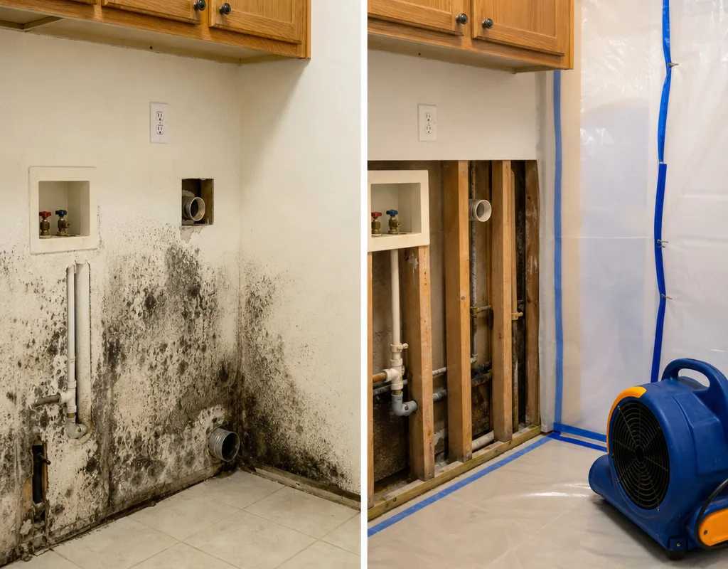 Before and after view of contaminated laundry room drywall removed to cleaned framing