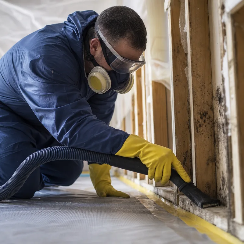 Technician HEPA vacuuming wall studs and a sill plate inside containment