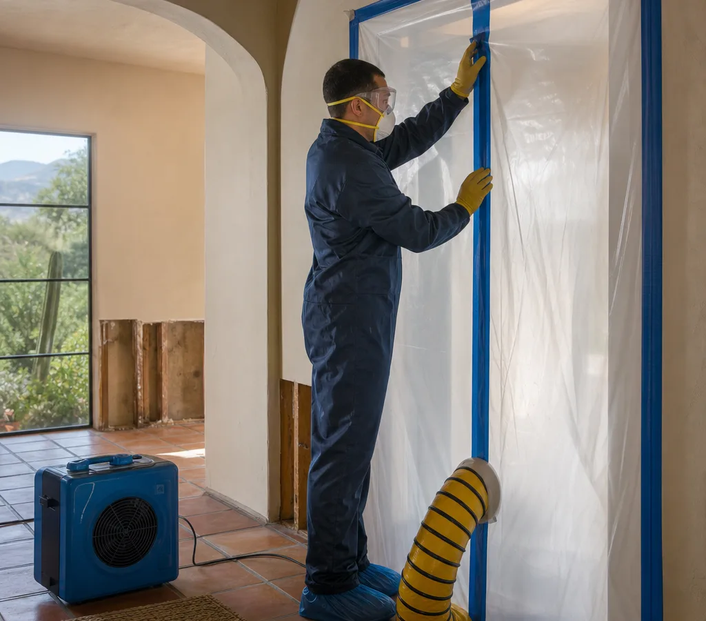Technician sealing a doorway for black mold containment inside a Tucson home