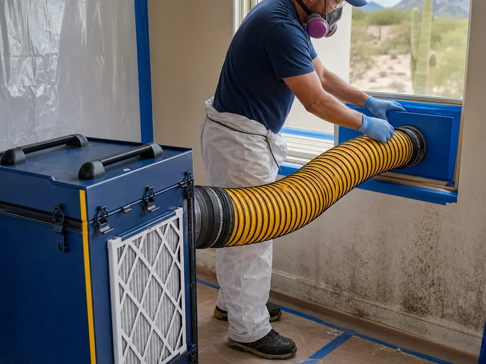 Negative air machine with HEPA filtration operating during black mold remediation