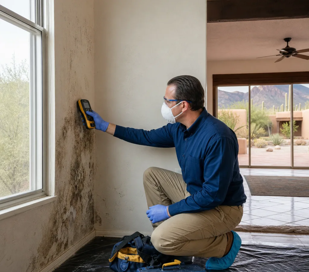 Inspector in protective equipment checking an interior wall with a moisture meter in a Tucson home
