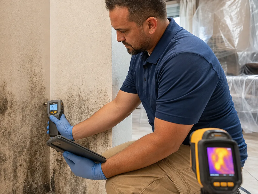 Technician documenting an interior wall moisture reading with an infrared camera nearby