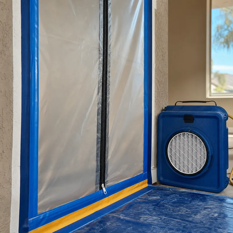 Containment doorway with sealed poly sheeting, zipper access, and a compact HEPA air scrubber