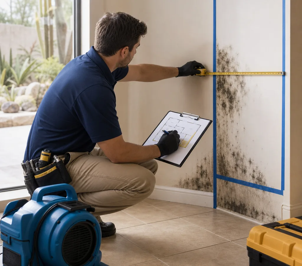 Technician measuring an affected wall and marking containment boundaries on a floor plan in a Tucson home