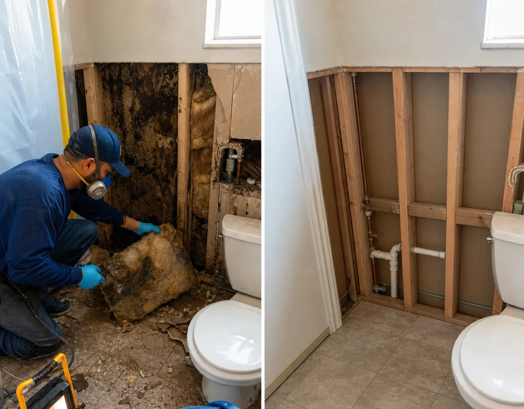 Before-and-after view of a bathroom wall cavity after wet drywall and insulation removal