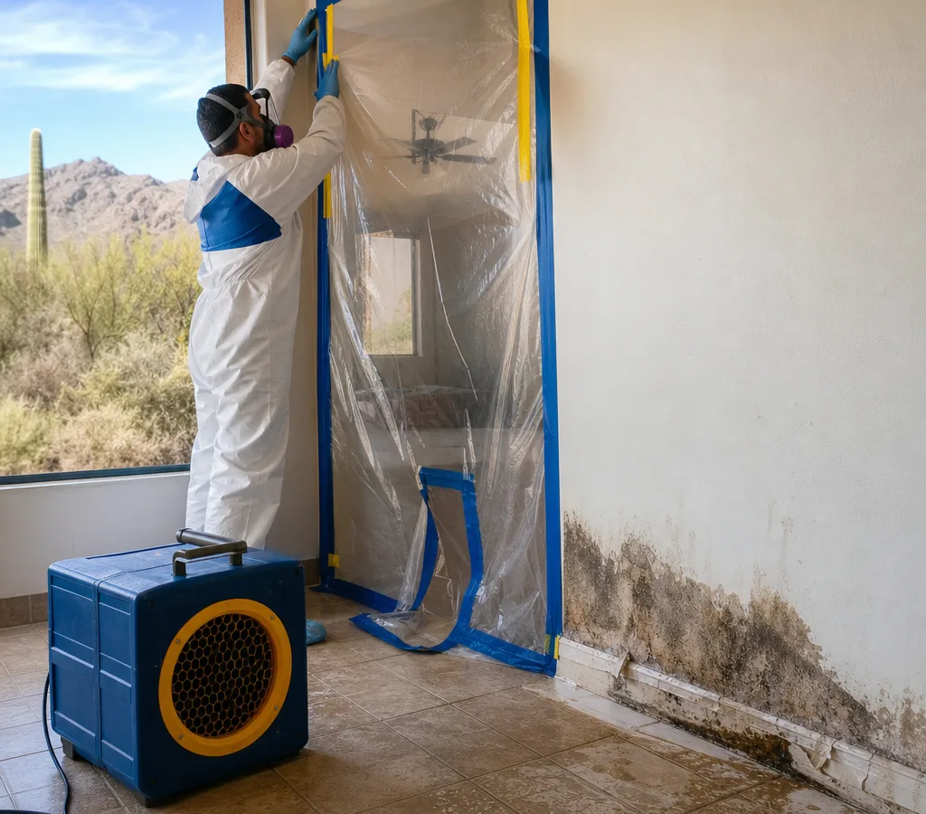 Technician in PPE setting up containment and a HEPA air scrubber in a water-damaged Tucson home