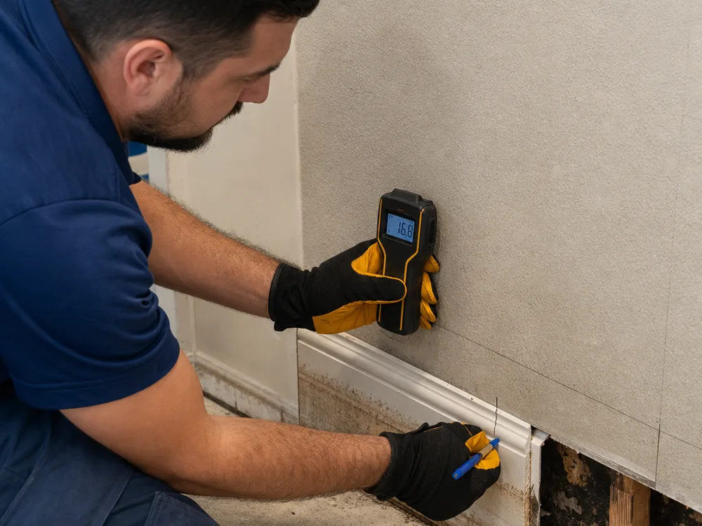 Technician taking moisture meter readings and marking a controlled drywall removal line