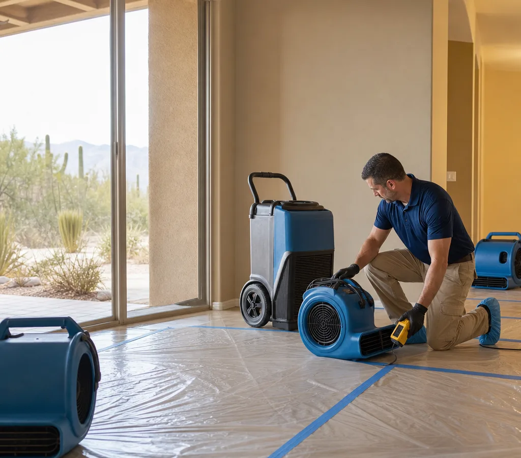 Technician placing air movers and a dehumidifier after a water leak in a Tucson home