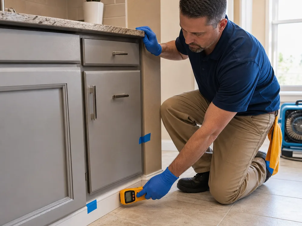 Technician mapping moisture along kitchen baseboards and cabinet toe-kicks