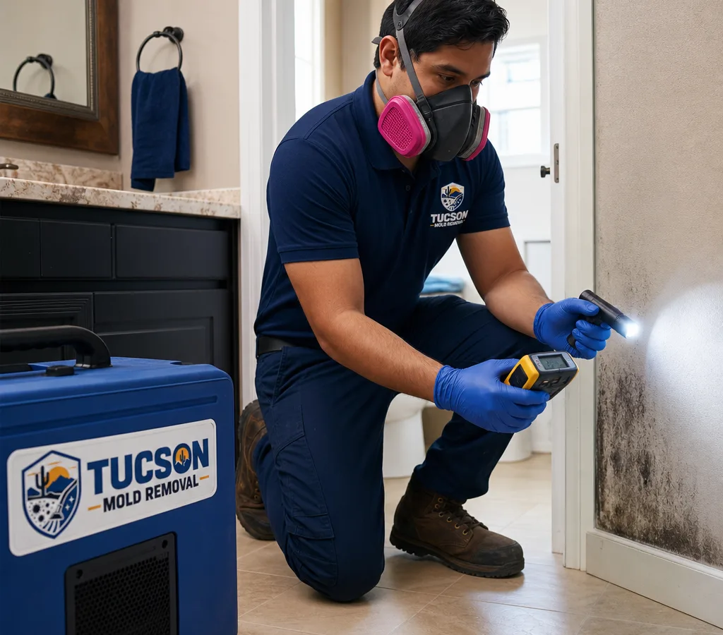 Technician in PPE inspecting a Tucson bathroom with a flashlight and moisture meter