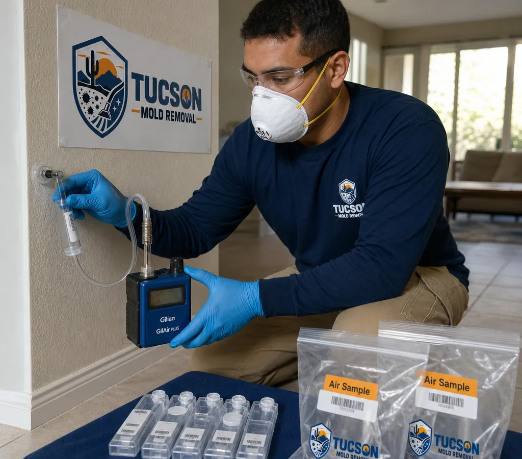 Inspector in protective gear collecting an indoor air sample in a Tucson home