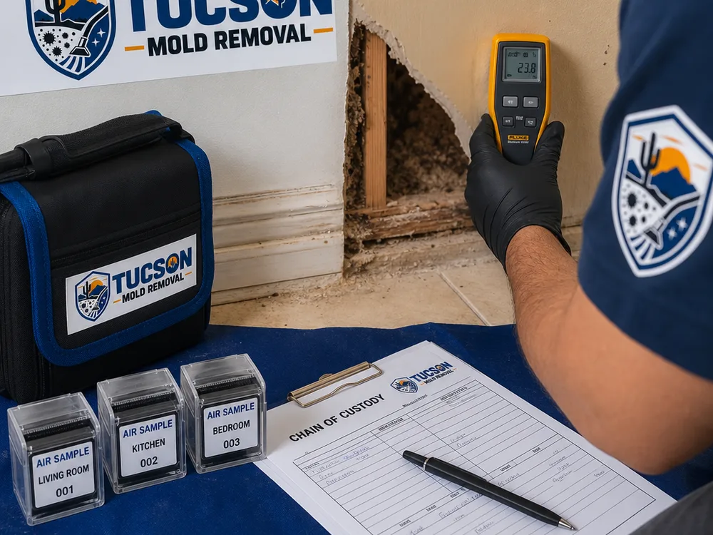 Labeled air sampling cassettes, chain-of-custody form, and moisture meter at a Tucson property