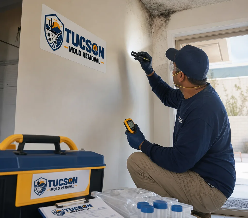 Inspector examining an interior wall and ceiling with a flashlight and moisture meter in a Tucson home