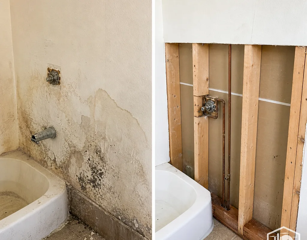 Bathroom wall before remediation and after affected drywall was removed and the cavity cleaned and dried