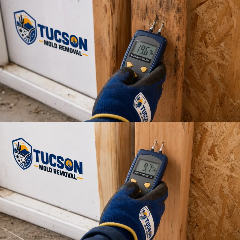 Moisture meter verifying dry wall framing before the cavity is closed