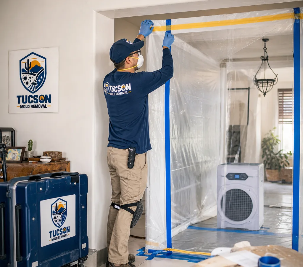 Technician sealing a containment doorway with a HEPA air scrubber inside a Tucson home