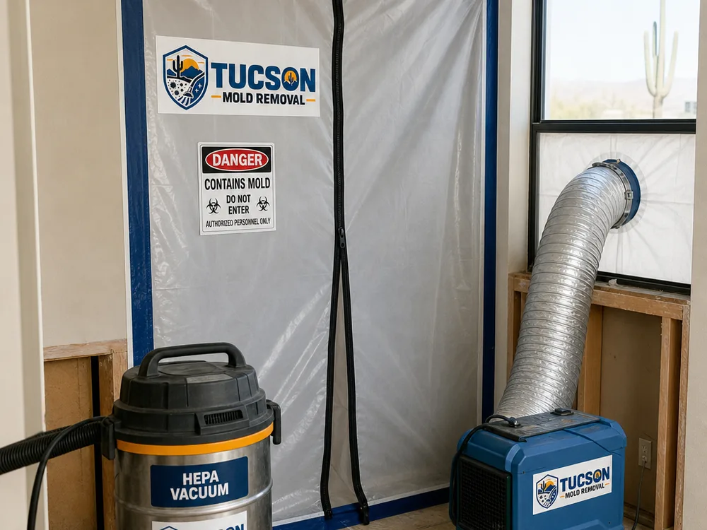 Sealed containment entry with negative air equipment and a staged HEPA vacuum