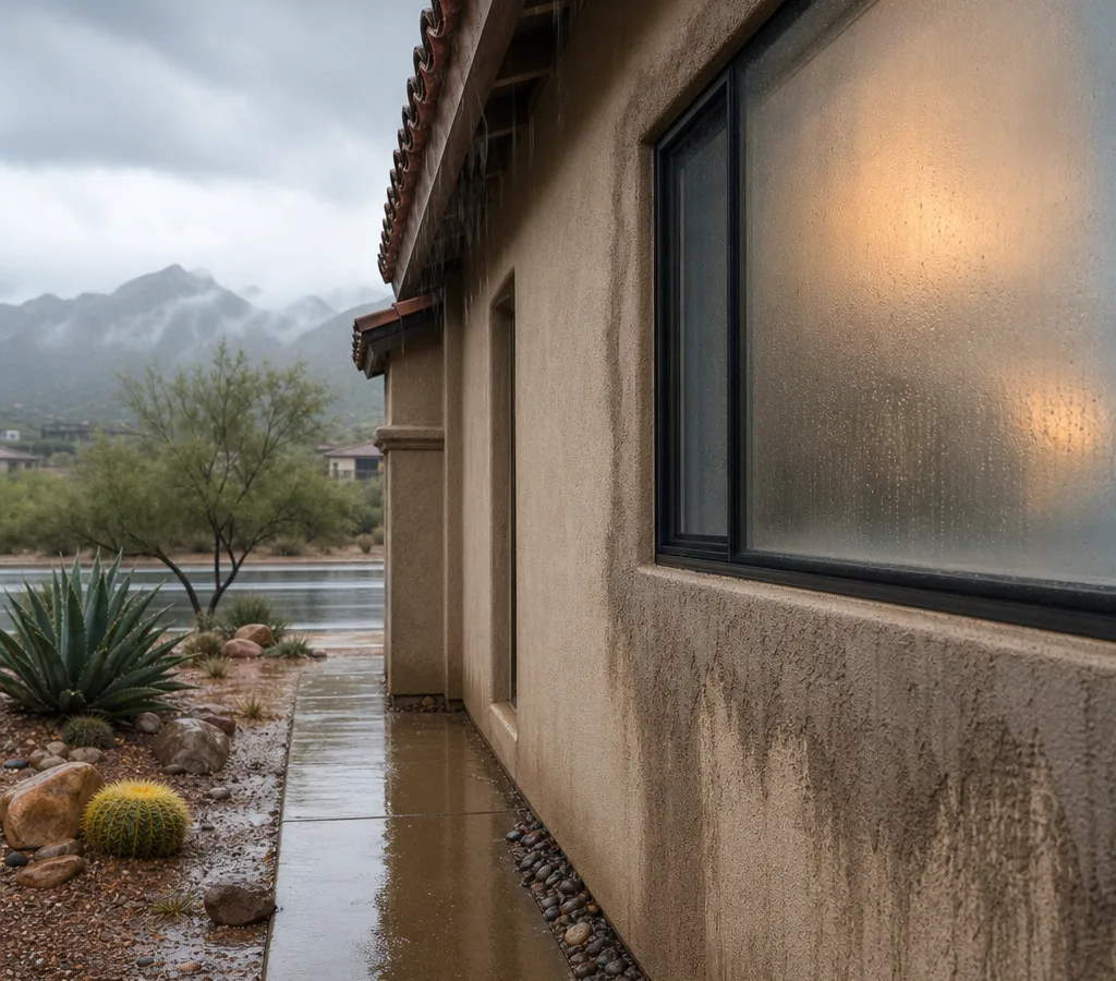 Tucson home during monsoon rain with rain-darkened stucco and condensation on a window