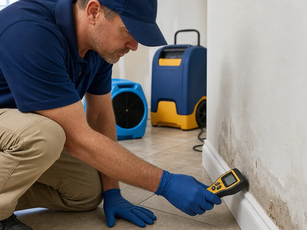 Moisture meter testing drywall near a baseboard while drying equipment operates after a storm