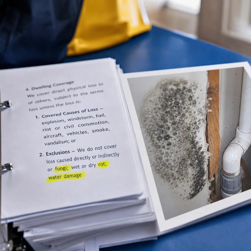 Insurance policy with fungi, wet rot, and water damage terms highlighted beside plumbing-related drywall damage