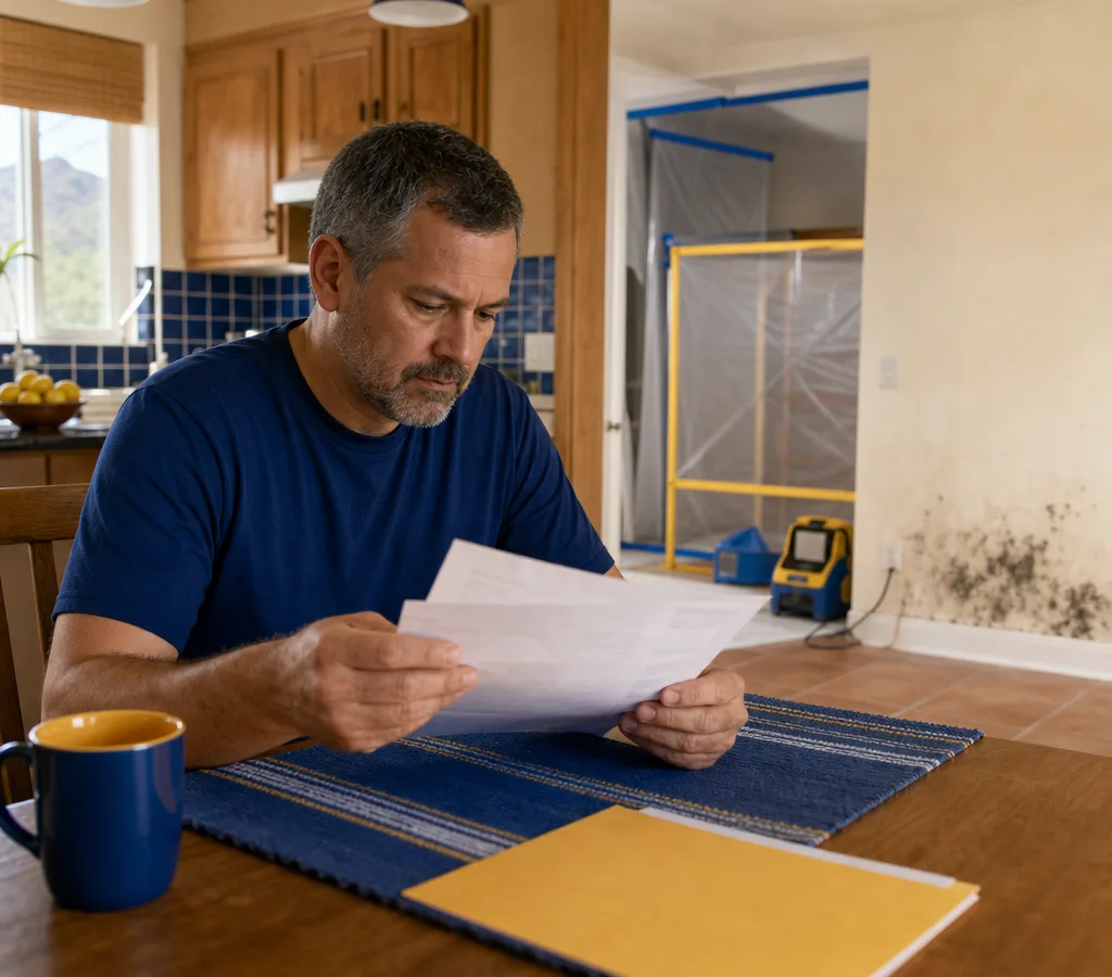 Tucson homeowner reviewing an insurance policy with moisture inspection equipment nearby
