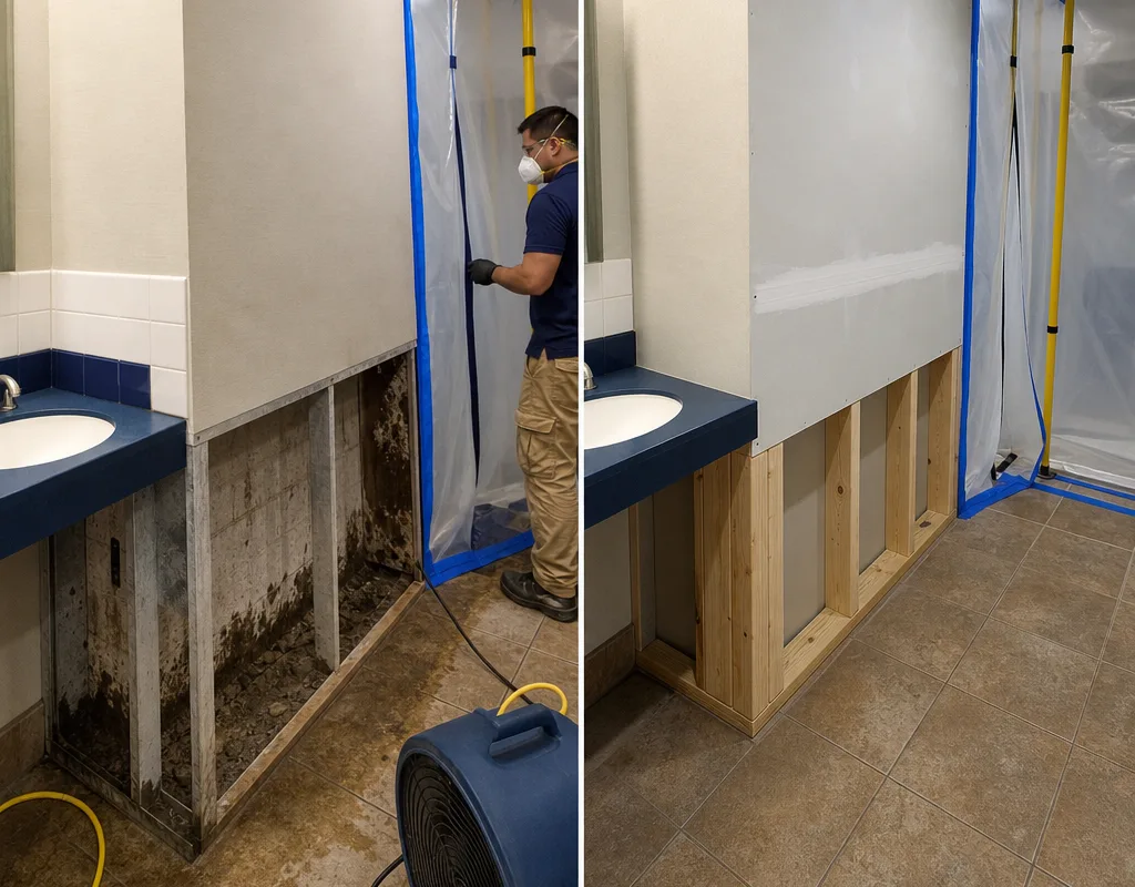 Before and after views of a commercial restroom wall with damaged drywall removed and framing cleaned and dried