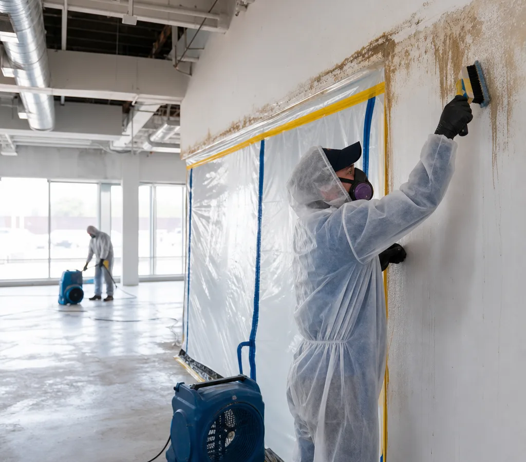 Containment and negative air equipment set up in a vacant commercial rental suite with water staining