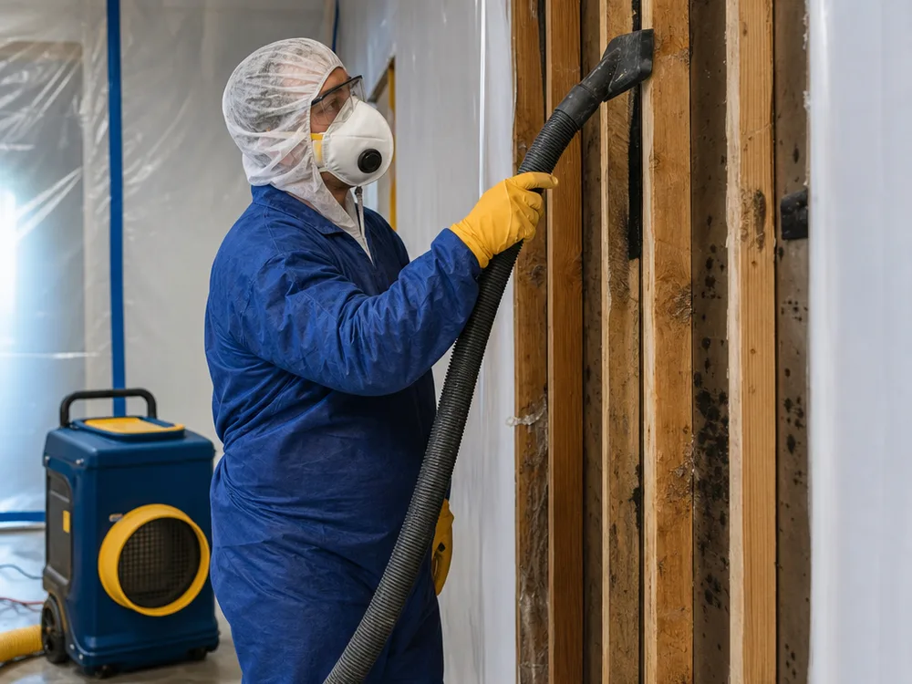 Technician using a HEPA vacuum on exposed framing inside a contained commercial suite
