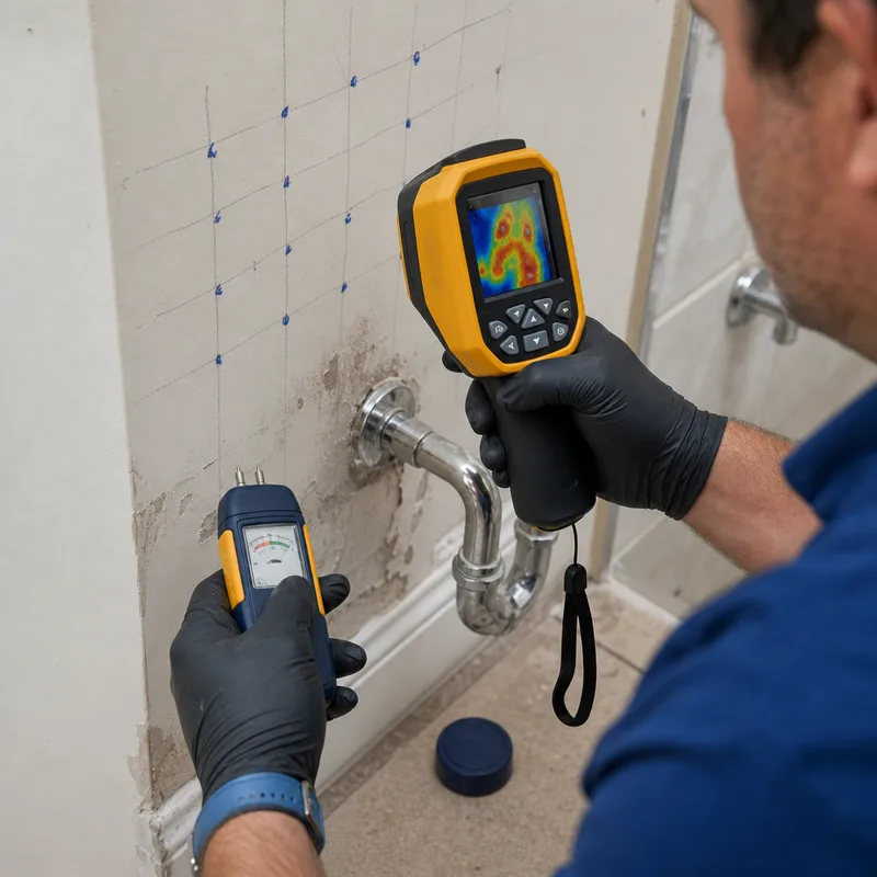 Technician using an infrared camera and moisture meter to map moisture near an interior plumbing fixture
