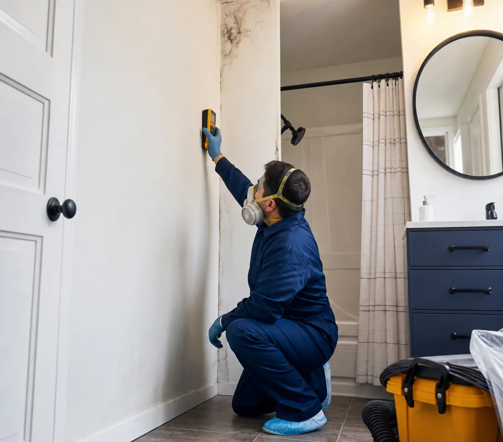 Inspector in protective gear examining a Tucson interior wall with a moisture meter