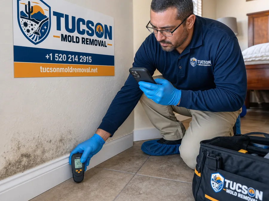Inspector photographing a suspect wall and taking moisture readings at baseboards