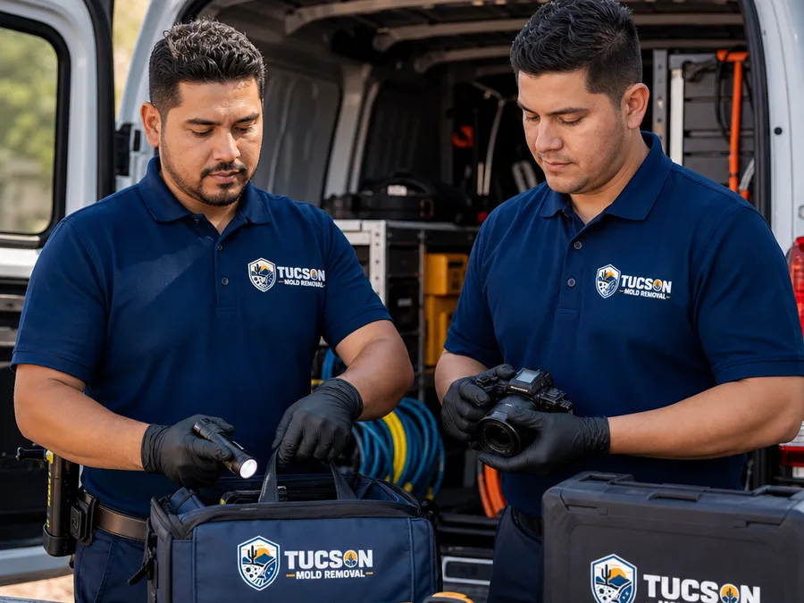 Two-person Tucson inspection team preparing moisture meters, a flashlight, and a camera